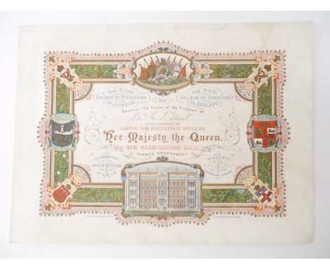 An 1886 Royal College of Physicians and Surgeons chromolitho Ticket for laying the foundation stone, by her Majesty the Queen