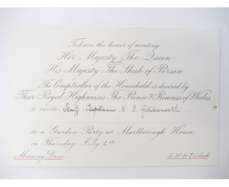 An 1889 Garden Party Ticket, Marlborough House, to meet Queen Victoria and the Shah of Persia, made out to Staff Captain W.B.