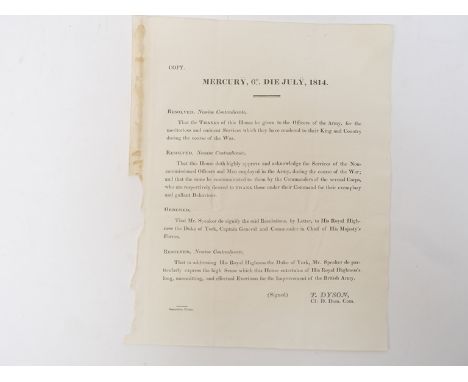 Napoleonic Wars, whilst Napoleon was exiled in Elba - July 1814. A printed copy for circulation of resolutions of the House o