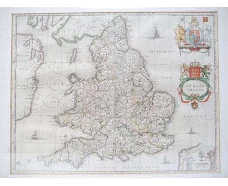 Johannes Blaeu: 'Anglia Regnum [England &amp; Wales]', engraved hand coloured map, Amsterdam, circa 1662, decorated with four