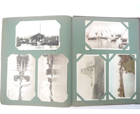 A postcard album containing 28 cards depicting Norfolk Broads and rivers, including real photograph cards, Pleasure Boat Inn,