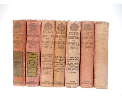 'Kelly's Directory of Norfolk', 7 volumes: 1912, lacks map, original cloth gilt (worn and faded); 1916, folding coloured map,