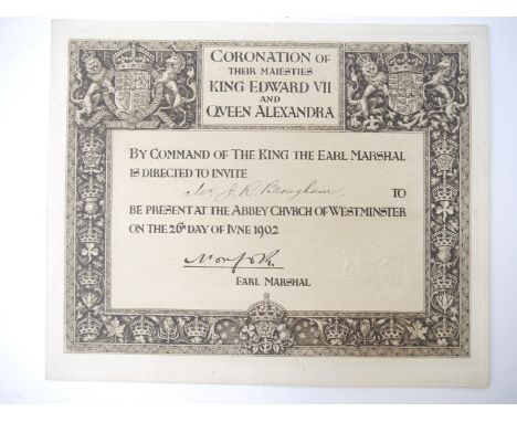 An official Coronation of King Edward VII and Queen Alexandra Invitation Ticket, Westminster Abbey, 26th June 1902, the recip