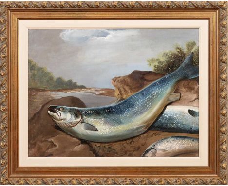 ATTRIBUTED TO JOHN BUCKNELL RUSSELL (SCOTTISH 1819 - 1893) SPEY SALMON  oil on canvas framed  image size 45cm x 60cm, overall