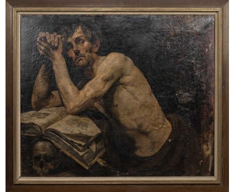 ATTRIBUTED TO WILHELM LEIBL (GERMAN 1844 - 1900), A MEDITATING SAINT oil on canvasframed image size 81cm x 97cm, overall size