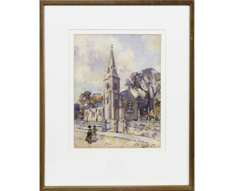 JAMES WATTERSON HERALD (SCOTTISH 1859 - 1914), STREET SCENE WITH CHURCH watercolour on paper, signed and dated '08mounted, fr