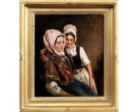 ABRAHAM SOLOMON (BRITISH 1824 - 1862), MOTHER AND DAUGHTER  oil on board, signed and dated 1854framedimage size 36cm x 31cm, 