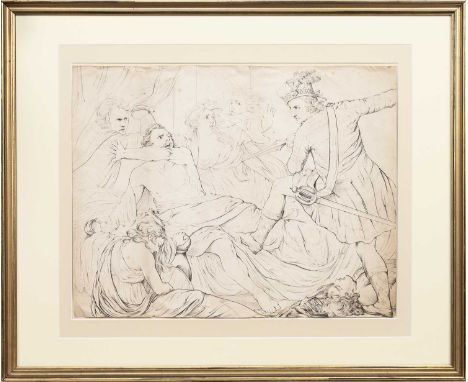 AFTER JOHN OPIE RA (BRITISH 1761 - 1807), THE MURDER OF JAMES I, KING OF SCOTLAND pen and ink on papermounted, framed and und