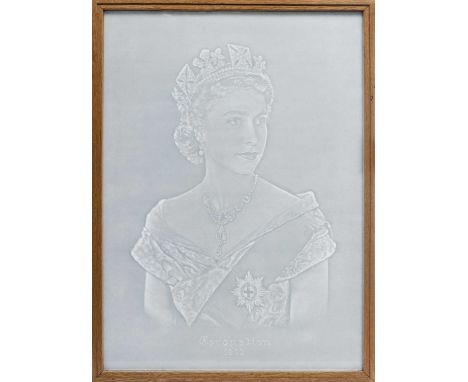 HM QUEEN ELIZABETH II, CORONATION 1953 A VERY RARE WATERMARK PORTRAIT watermark portrait on blue paper framed and under glass