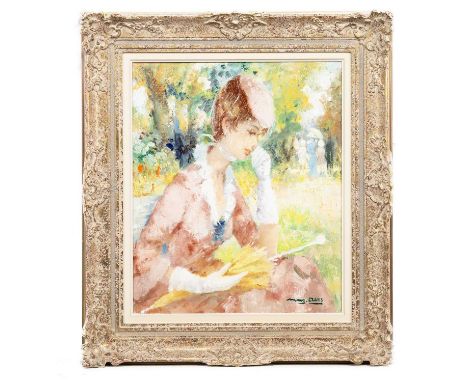 * MARGUERITE AERS (BELGIAN 1918 - 1995), WOMAN IN PARK oil on canvas, signedframedimage size 54cm x 45cm, overall size 76cm x