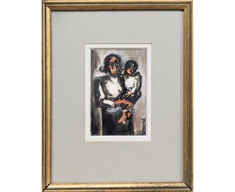 * JOSEF HERMAN OBE RA (POLISH/BRITISH 1911 - 2000), MOTHER & CHILD oil on board, titled versomounted, framed and under glassi