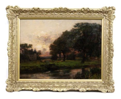 JAMES CAMPBELL NOBLE RSA (SCOTTISH 1846 - 1913), SUNSET, GOGAR HOUSE, EDINBURGH oil on canvas, signedframedimage size 57cm x 
