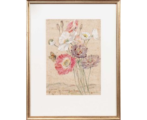 * KATHARINE (KATE) CAMERON RSW RE (SCOTTISH 1874 - 1965), POPPIES IN SILK ATTIRE watercolour on paper, signed, titled label v