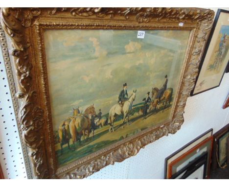 A gilt framed print, Hunting scene, why weren't you out yesterday