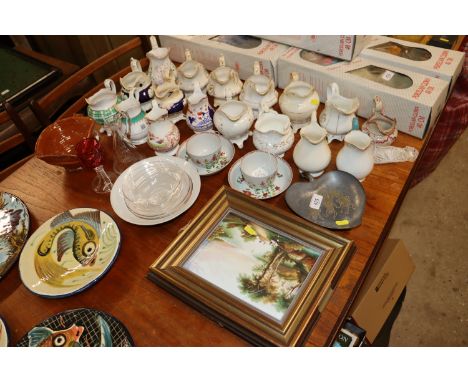 A quantity of various antique china to include various jugs and a framed painted tile AF