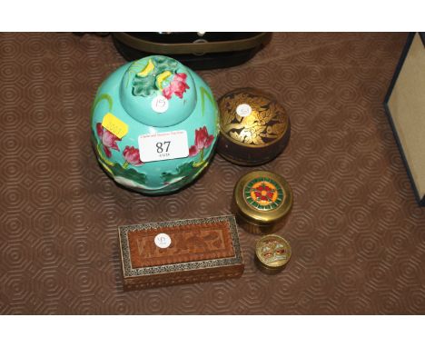 A Chinese ginger jar and cover; a circular box with enamel decoration and three others 