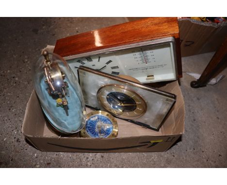 A box of various clocks, clock barometer etc. 