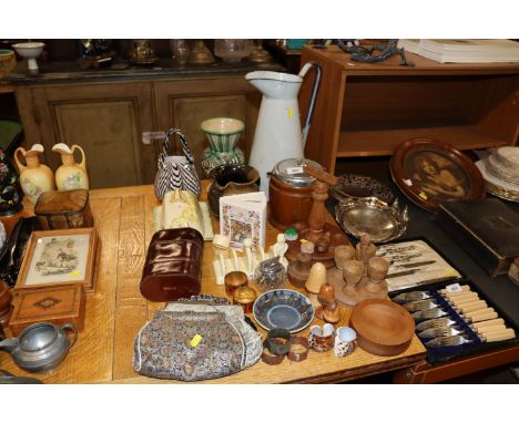 An enamel jug; a glass handbag; various purses; napkin rings; table lighter; Lurpak toast rack etc.
