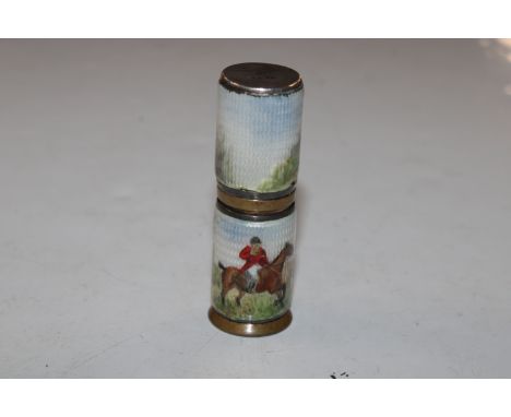 An Art Deco silver and guilloche enamel lipstick holder with fox hunting scenes. maker Harry Clifford Davis 