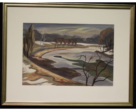 Edmund Brucker (1912 - 1985) Watercolor/Gouache. Signed lower left. Titled "Fall Creek". Brucker was an art professor at Indi