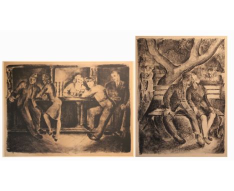 (2) WPA Style Lithographs. Appear to be unsigned. Unframed. Faint inscription lower right in matting. Image sizes (L-R): 12.5