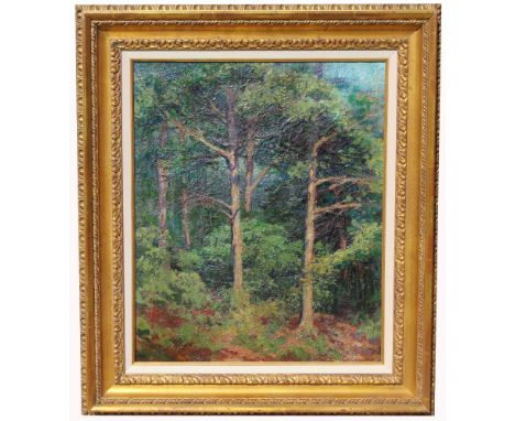 Ernest Lawson (New York, Connecticut / Canada, France, 1873 - 1939) Wooded landscape painting of a Connecticut forest. Signed