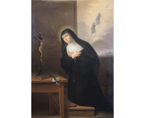 Large Old Master Style Painting of Nun with Crucifix. Appears to be unsigned. Oil on Canvas.Size: 58 x 41 in.Unframed.