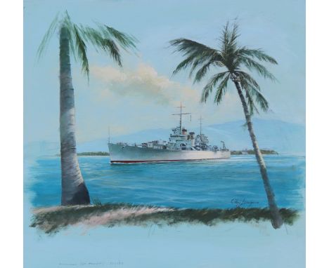 Charles J Lundgren (New York, Connecticut, 1911 - 1988) "U.S.S. Honolulu" Oil on masonite painting. Signed lower right, title