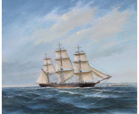 Charles J Lundgren (New York, Connecticut, 1911 - 1988) "Herald of the Morning" Oil on masonite painting. This stately ship c