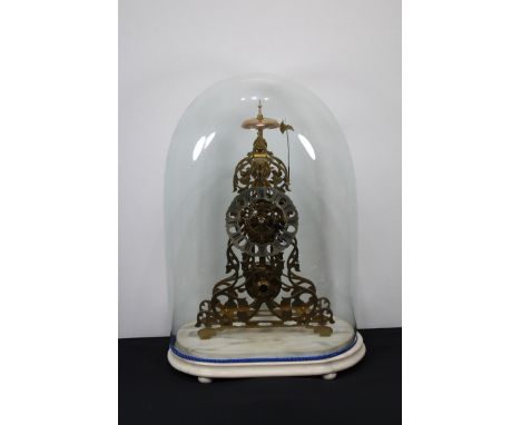 19th C. English Skeleton Clock w/ Glass Dome on marble plinth. Comes with key. Was working when wound. Dimensions: 21.5 x 14 