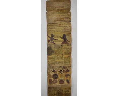 Early Double-Sided Illustrated Nepalese Manuscript Book. In Newari on paper. Unfolded, the manuscript measures 44 x 11 inches