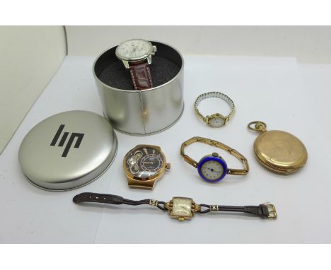 An Elgin gold plated pocket watch, three lady's wristwatches including one with enamel bezel and two gentleman's wristwatches