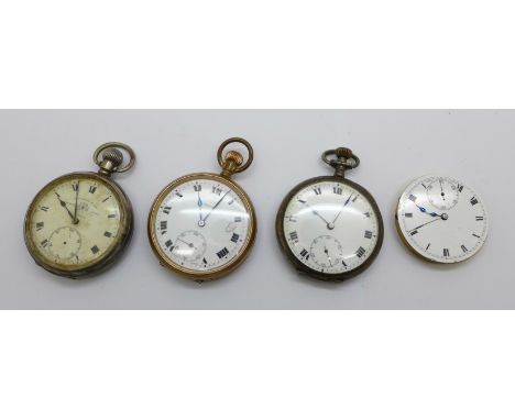 A silver pocket watch, two other pocket watches and a movement, a/f 