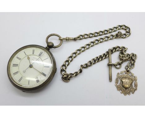 A silver cased Centre Seconds Chronograph pocket watch and silver Albert chain 