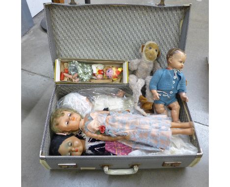 Four dolls, an early 20th Century soft toy monkey and a Pelham puppet 