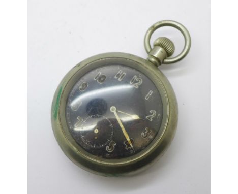 A military issue pocket watch, numbered on the back and side, 73076F 