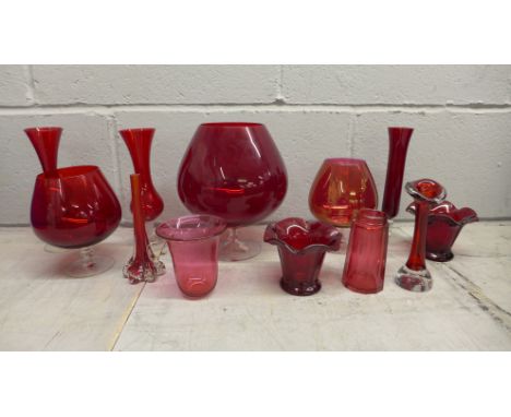 A collection of ruby glass, oversized glasses, vases, etc. 