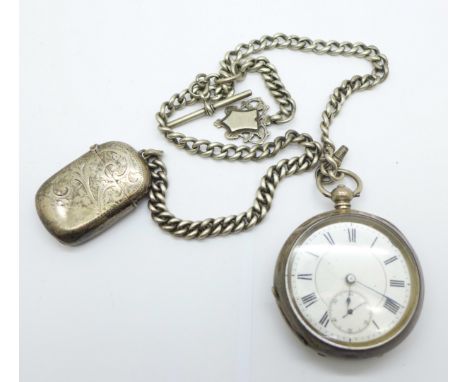 A silver pocket watch, Albert chain and a Victorian vesta case 