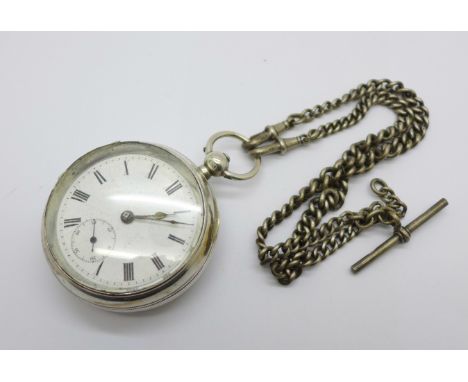 A silver pocket watch with silver double Albert chain 