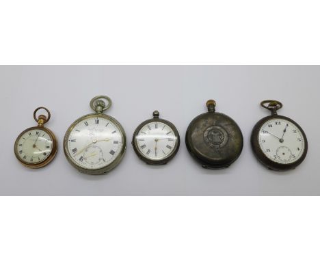 A silver pocket watch and fob watch, both a/f, two other pocket watches and one other fob watch 