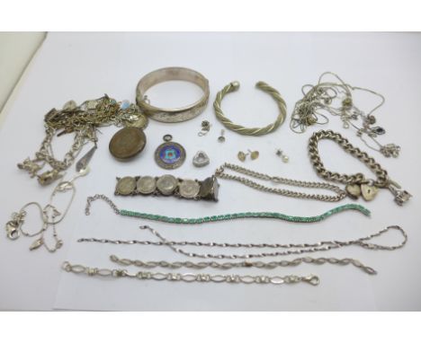 A collection of jewellery including a silver bangle and bracelet, some a/f, 230g 