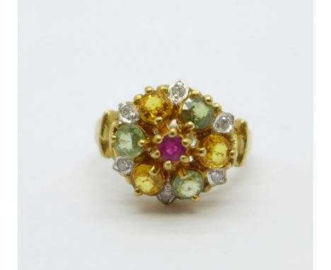 A 9ct gold ring set with ruby, small diamonds, citrine and peridot, 5.1g, size N 