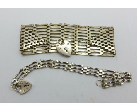 Two silver gate bracelets, 45g 