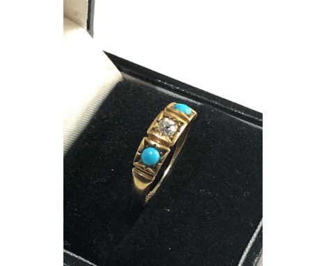 Antique 18ct gold diamond &amp; turquoise ring 2.8g ring size approx l/m, good overall condition 