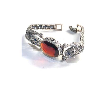 Vintage silver lion band and gem set bracelet 
