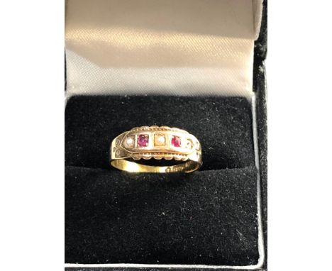 15ct gold ruby and seed pearl ring size approx m/n weight approx 2.1g, Good overall condition, no stones missing 