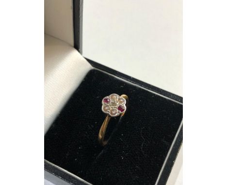 18ct Gold Edwardian ruby diamond and seed-pearl ring, ring size approx l/m weight approx 1.9g,&nbsp;Overall good clean condit