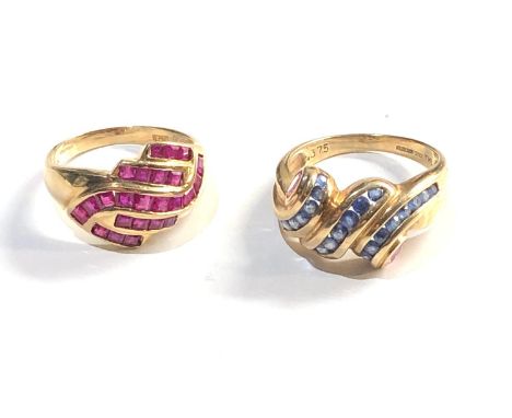 2 9ct gold sapphire and ruby rings size approx m and n 