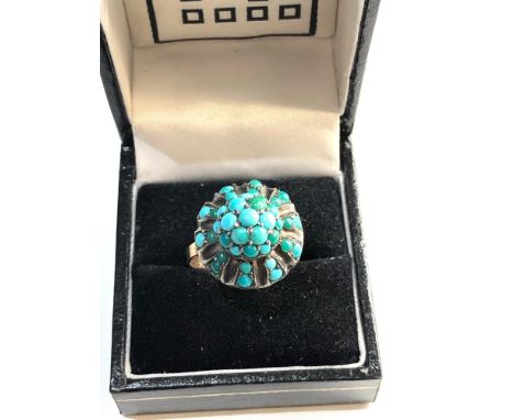 9ct gold turquoise hareem ring, ring size approx q/r weight approx 8.4g 