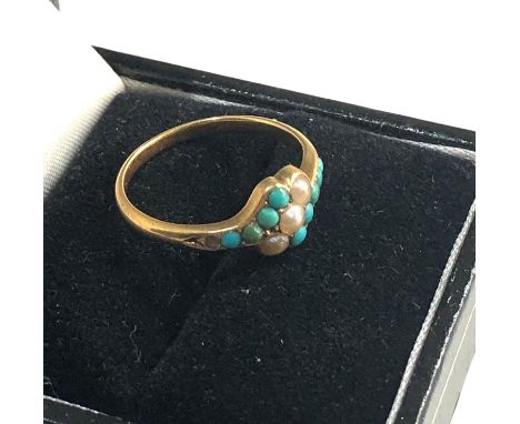 18ct Gold turquoise pearl mourning ring, missing a turquoise stone ring size approx m 